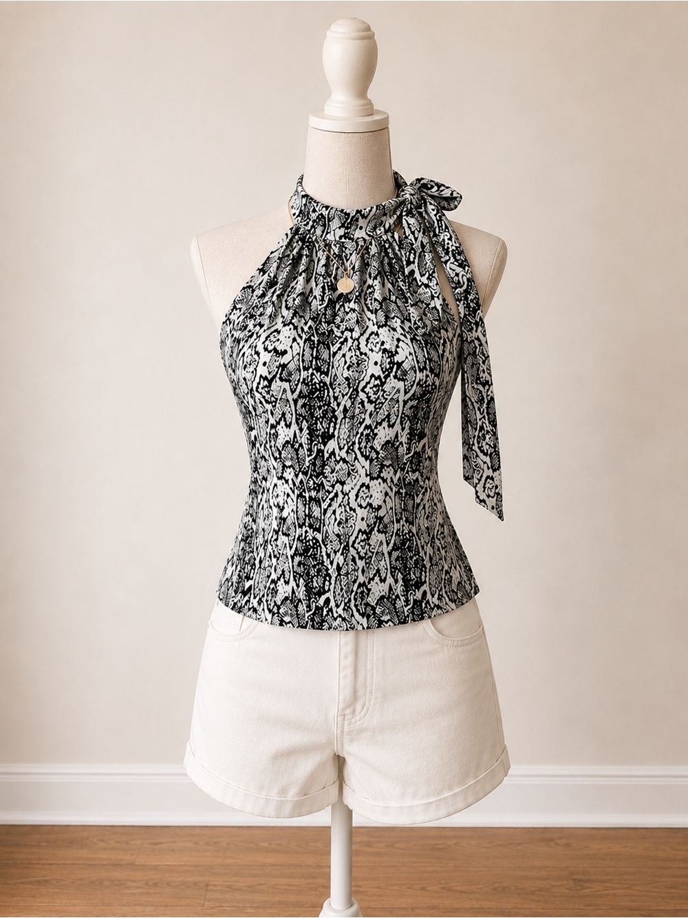 Ashley Stewart Black & White Snake-Print Halter Tie Neck Camisole